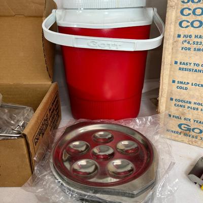 New old stock cooler and jug Escargot pans and tongs