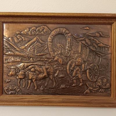Vintage 1960 framed hammered / repoussÃ© Copper wall art - Oxen and covered wagon. Vintage 1960 framed hammered / repoussÃ© Copper wall...