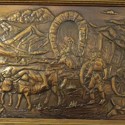 Vintage 1960 framed hammered / repoussÃ© Copper wall art - Oxen and covered wagon. Vintage 1960 framed hammered / repoussÃ© Copper wall...