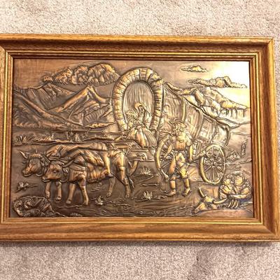 Vintage 1960 framed hammered / repoussÃ© Copper wall art - Oxen and covered wagon. Vintage 1960 framed hammered / repoussÃ© Copper wall...