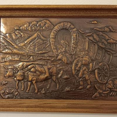 Vintage 1960 framed hammered / repoussÃ© Copper wall art - Oxen and covered wagon. Vintage 1960 framed hammered / repoussÃ© Copper wall...