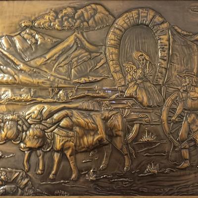 Vintage 1960 framed hammered / repoussÃ© Copper wall art - Oxen and covered wagon. Vintage 1960 framed hammered / repoussÃ© Copper wall...