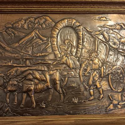 Vintage 1960 framed hammered / repoussÃ© Copper wall art - Oxen and covered wagon. Vintage 1960 framed hammered / repoussÃ© Copper wall...