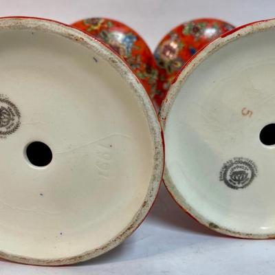 Coronet Candlestick Holder Pair - orange chintz porcelain