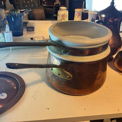 970 Lot of Copper Kitchen Wares , Double Broiler, Candlesticks and more