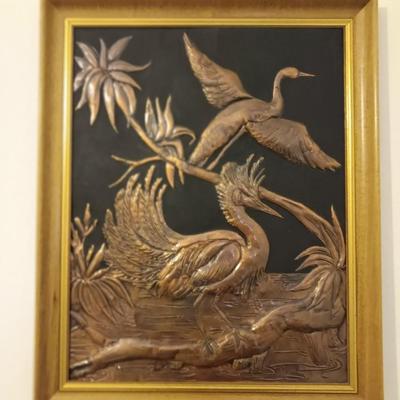 Vintage 1960 framed hammered / repoussÃ© Copper wall art - Exotic Birds Relief wall art MCM
