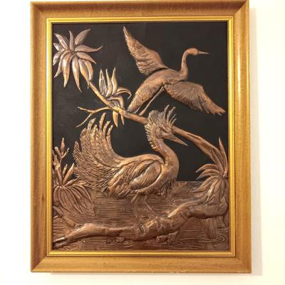 Vintage 1960 framed hammered / repoussÃ© Copper wall art - Exotic Birds Relief wall art MCM
