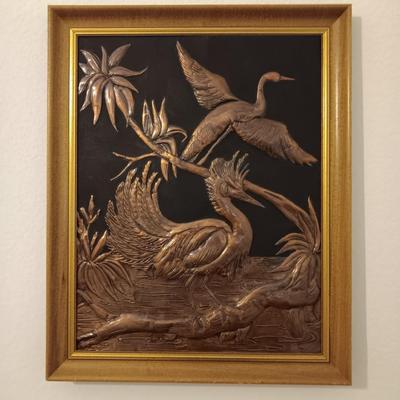Vintage 1960 framed hammered / repoussÃ© Copper wall art - Exotic Birds Relief wall art MCM