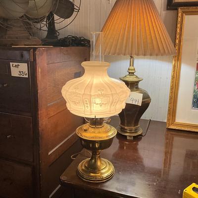 975 Antique Brass Electrified Oil Lamp with Milk Glass Shade