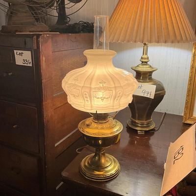 975 Antique Brass Electrified Oil Lamp with Milk Glass Shade