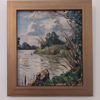 Original framed artwork painted by Robert Hodgell "Little Arkansas River" Wichita Kansas 1939