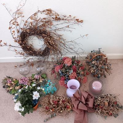 Dried and Faux flower arrangements - in baskets - glass vases - over the door decor sashes