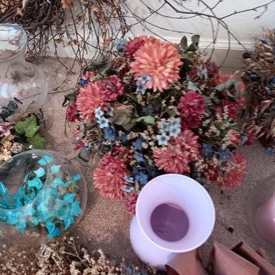 Dried and Faux flower arrangements - in baskets - glass vases - over the door decor sashes