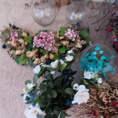 Dried and Faux flower arrangements - in baskets - glass vases - over the door decor sashes