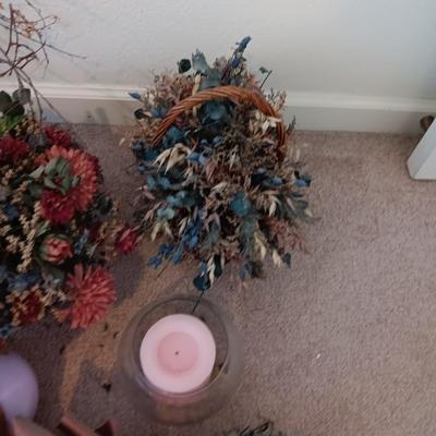 Dried and Faux flower arrangements - in baskets - glass vases - over the door decor sashes