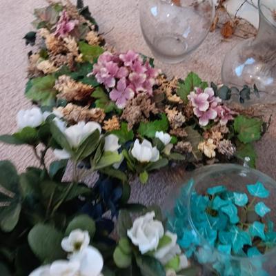 Dried and Faux flower arrangements - in baskets - glass vases - over the door decor sashes