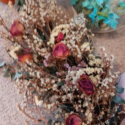 Dried and Faux flower arrangements - in baskets - glass vases - over the door decor sashes