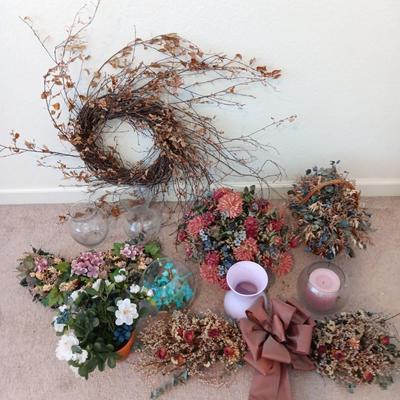 Dried and Faux flower arrangements - in baskets - glass vases - over the door decor sashes