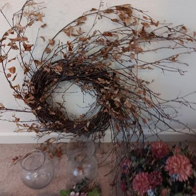 Dried and Faux flower arrangements - in baskets - glass vases - over the door decor sashes
