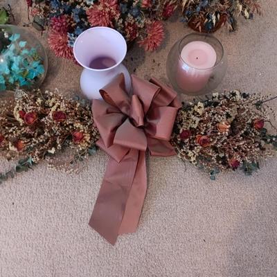 Dried and Faux flower arrangements - in baskets - glass vases - over the door decor sashes