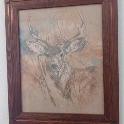 Framed Buck -deer Litho Art Signed K Maroon 1978