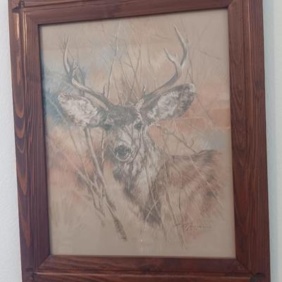 Framed Buck -deer Litho Art Signed K Maroon 1978