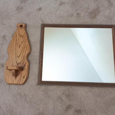 Wood framed wall mirror with oak candle votive