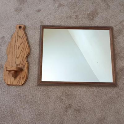 Wood framed wall mirror with oak candle votive