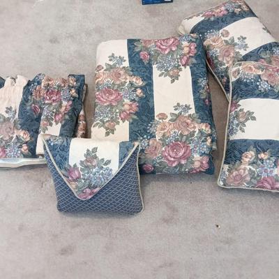 Queen size floral bedding set with two valances and pillows