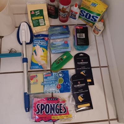 Assortment of cleaning tools - sponges - gloves - SOS pads - glues and more