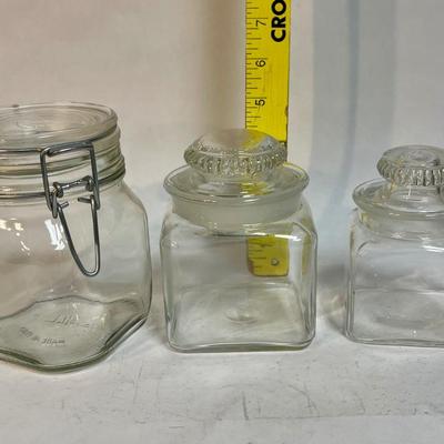 Lot of 3 glass containers - apothocary jars, snap-lid jar