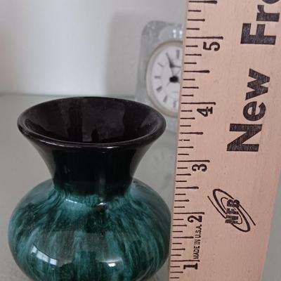 Glass framed clock - RL marked. Gnome elf figure and a green and black pottery vase