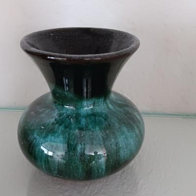 Glass framed clock - RL marked. Gnome elf figure and a green and black pottery vase