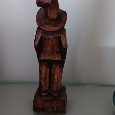 Glass framed clock - RL marked. Gnome elf figure and a green and black pottery vase