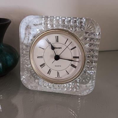 Glass framed clock - RL marked. Gnome elf figure and a green and black pottery vase