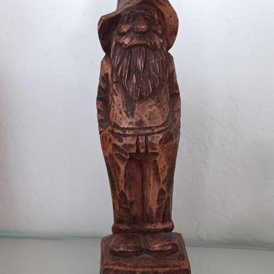 Glass framed clock - RL marked. Gnome elf figure and a green and black pottery vase