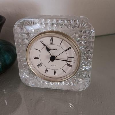 Glass framed clock - RL marked. Gnome elf figure and a green and black pottery vase
