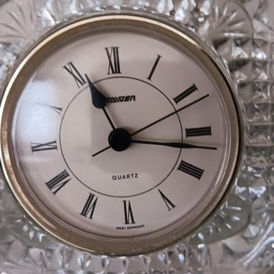 Glass framed clock - RL marked. Gnome elf figure and a green and black pottery vase
