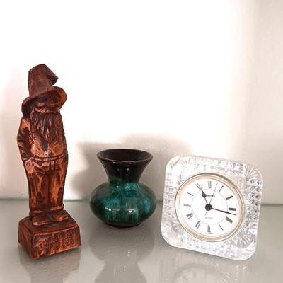 Glass framed clock - RL marked. Gnome elf figure and a green and black pottery vase