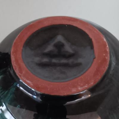 Glass framed clock - RL marked. Gnome elf figure and a green and black pottery vase