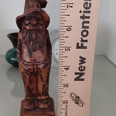 Glass framed clock - RL marked. Gnome elf figure and a green and black pottery vase