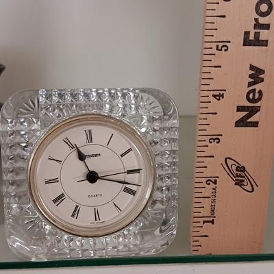 Glass framed clock - RL marked. Gnome elf figure and a green and black pottery vase