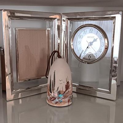 Sonnet Hinged frame / clock combination with Taseo desert cactus themed pottery wind chime
