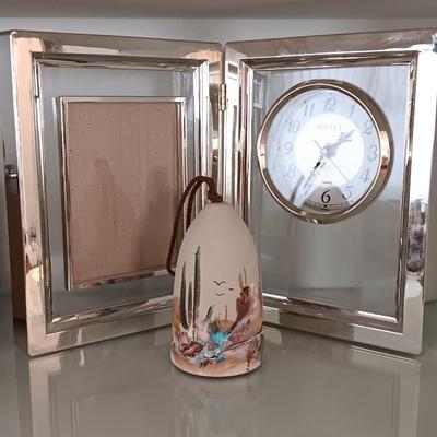 Sonnet Hinged frame / clock combination with Taseo desert cactus themed pottery wind chime