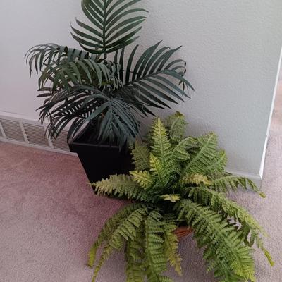 Two faux plants - Fern in basket and Palm in metal pot with light weight flowerpot