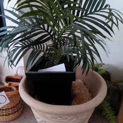 Two faux plants - Fern in basket and Palm in metal pot with light weight flowerpot
