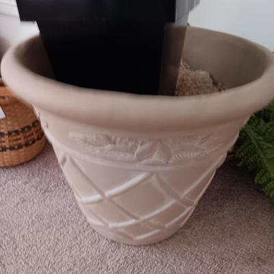 Two faux plants - Fern in basket and Palm in metal pot with light weight flowerpot