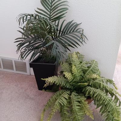 Two faux plants - Fern in basket and Palm in metal pot with light weight flowerpot