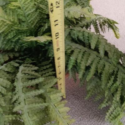 Two faux plants - Fern in basket and Palm in metal pot with light weight flowerpot