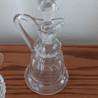 Two glass Cruets with glass stoppers - hand engraved Odingard , a bowl, and a flower vase
